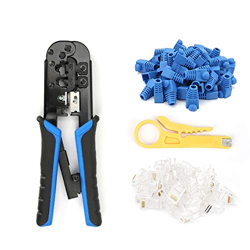 GFFG RJ45 Crimp Tool Kit Cat5 Cat5e Ethernet Crimping Tool, RJ-11, 8P/RJ-45 Crimp, Cut and Strip Tool with 20PCS Connectors, 20PCS Covers and Network Wire Stripper Crimp Tool