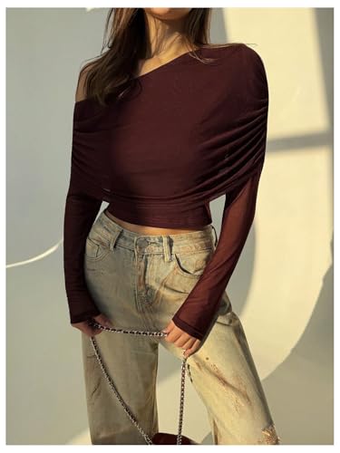 Image of SweatyRocks Women's Sheer Mesh Off Shoulder Tops Long Sleeve Ruched Fitted Crop Tops Night Out Tees