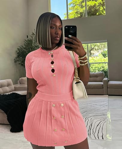 Image of Two Piece Outfits for Women Summer Going Out Knit Crop Tops Pleated Mini Skirt Sets Short Sleeve Mini Dress