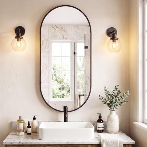 Image of Sweetcrispy 24 inch x 48 inch Black Bathroom Mirror for Wall, Oval Wall Mirror with Metal Frame, Tempered Glass, Modern Vanity Mirror for Over Sink, Living Room, Bedroom, Entryway, Horizontal or Vertical