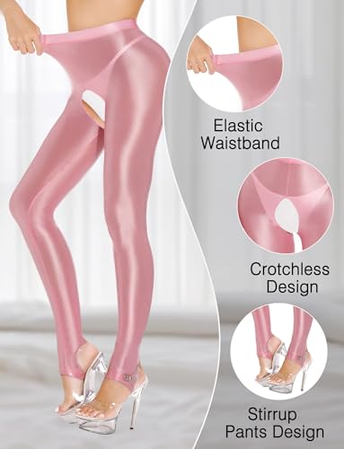 Women's Shiny High Waist Tights Oil Glossy Opaque Pantyhose Sexy Open Crotch Footless Yoga Leggings Pants3