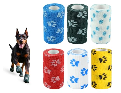 Image of Dog Bandage Cohesive Wrap for Paw & Leg | 10cm x 4.5m - Pack of 6 | Easy Tear, Fur Safe | Self Adhesive Elastic Vet Tape for Walking Protection, Wound Care & Licking Prevention Bandage Roll
