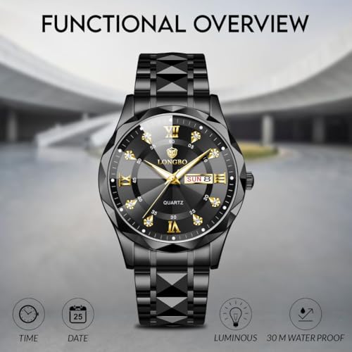 Image of Longbo Zenith Watch for Men Analog Quartz Dress Diamond Business Stainless Steel Watches Waterproof Luminous Date Luxury Men's Wristwatch | Birthday Gift For Men | Gift For Husband | Gift For Brother (Black Black)