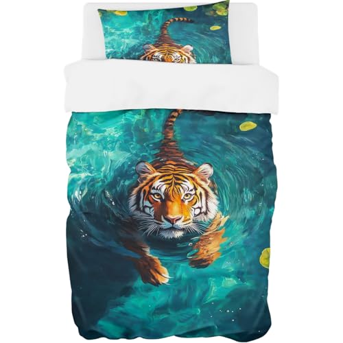 YISUMEI Bettwäsche 135x200 Set - Tiger im Wasser - Mikrofaser Bettbezug...