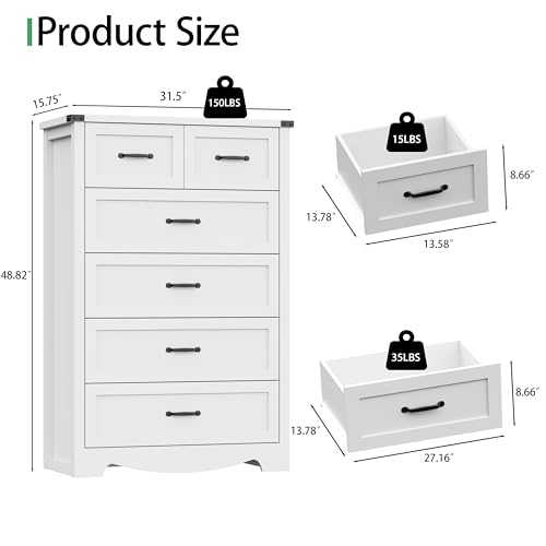 Image of Dresser for Bedroom with 6 Drawers, 49 inch Tall Wood Chest of Drawers with Deep Drawers & Mental Handle, Modern Dresser TV Stand, Wooden Closet Storage Organizer for Living Room, Hallway, Entryway, White