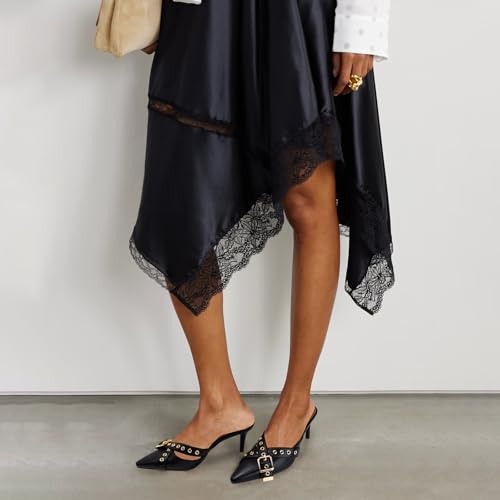 Black Kitten Heels for Women Pointed Closed Toe Stiletto Heel Pumps Studded Buckle Straps Sexy Comfortable Dressy Bow Heel Slip on Mule Heels for Women2