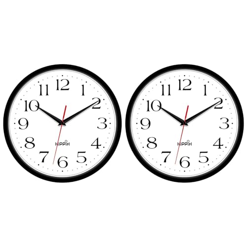 HIPPIH 2 Pack Silent Wall Clock, 10 Inch Non Ticking Quiet Digital Sweep Decorative Battery Operated Wall Clocks for Living Room Bedroom Kitchen School Office Decor, Black