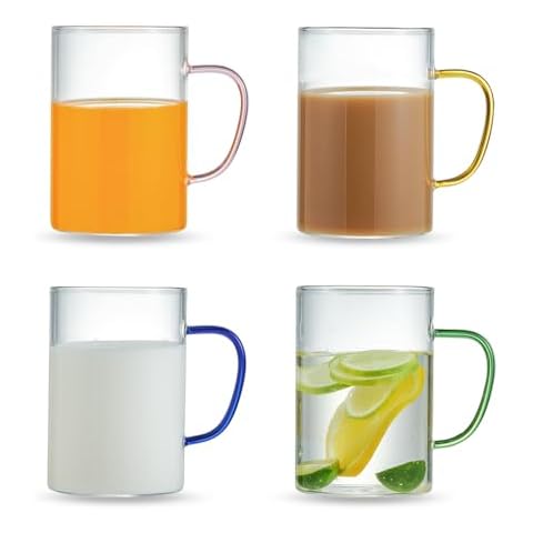 Glass Coffee Mugs 17oz - Set of 4, Clear Espresso Cups with Colored Handle, Large Capacity Wide Mouth Mugs for Latte, Cappuccino, Tea and Hot & Cold Beverages, Dishwasher & Microwave Safe Cover