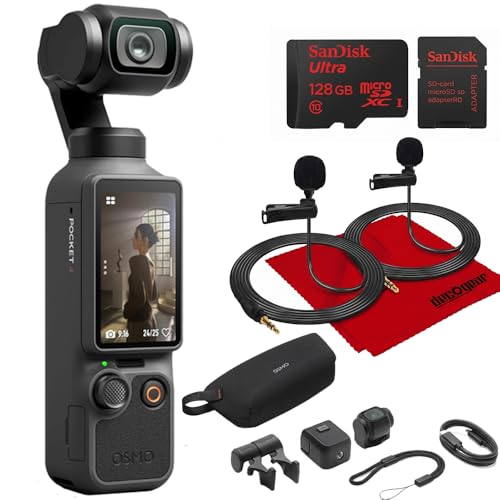 DJI Osmo Pocket 4 Standard Combo 1 CMOS 4K/240fps 3-Axis Gimbal Camera 107GB Bundle with Sandisk microSDXC 128GB Card + 2X Deco Essentials 3.5mm Computer Clip-On Mini Lapel Microphone
