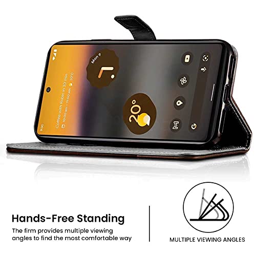 Image of FLIPPED Vegan Leather Flip Case Back Cover for Google Pixel 6A (Flexible, Shock Proof | Hand Stitched Leather Finish | Card Pockets Wallet & Stand | Black with Brown)
