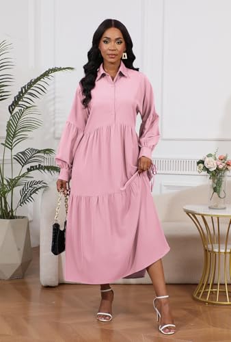 Image of Women's Long Sleeve Maxi Shirt Dress Elegant Button Down Loose Swing Party Dress