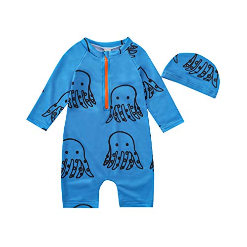 Little Boys Long Sleeve One Piece Swimsuit Set Swimwear Shark Bathing Suitwith Sun Hat UPF 50+ Sun Protection (Blue1, 3-4T)