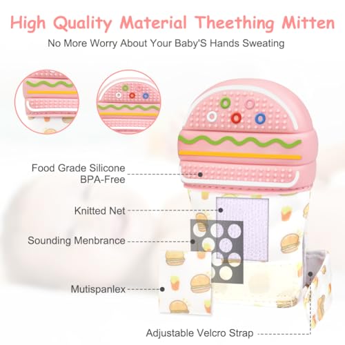 Image of 2Pack Silicone Teething Mitt, Hamburger Baby Teething Toy for 0-6 6-12 Months, Food Grade Silicone Infant Teething Mitten, BPA-Free Baby Chew Toys for Pain Relief, Sucking Needs