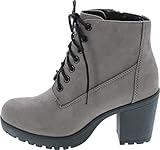 Soda Second Lug Sole Chunky Heel Combat Ankle Bootie Lace up w/Side Zipper (M-GREY Imit, numeric_10)