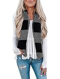 LOMON Women Casual Sleeveless Plaid Vest Cardigan Jacket with Pockets Black Gray Plaid S