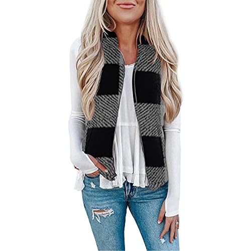 LOMON Womens Fuzzy Sherpa Fleece Jacket Lightweight Vest Cozy Sleeveless Cardigan Zipper Waistcoat Outerwear with Pocket P-black Gray Plaid Small