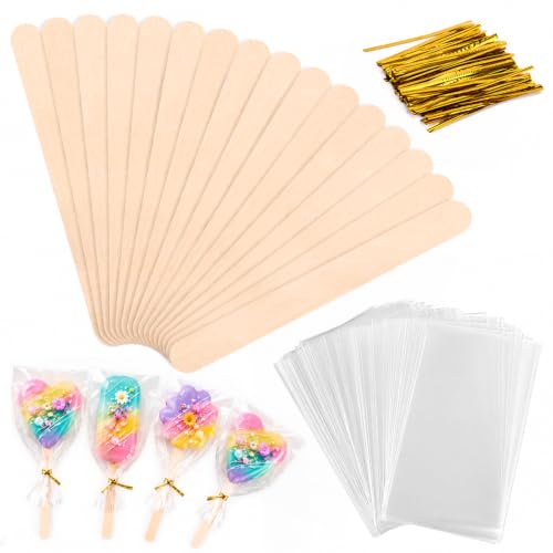 Popsicle Sticks and Bags with Ties, Wooden Cake Pop Sticks Cakesicle Sticks