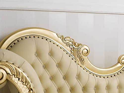 Image of Chaise Lounge Royal Carving Sofa Design Golden Polished and Leatherette Cover (Cream) 3-Person Sofa