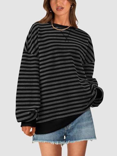 Image of PRETTYGARDEN Womens Striped Oversized Sweatshirt Color Block Crew Neck Long Sleeve Casual Loose Pullover Top Y2K Clothes