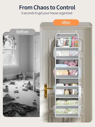 Yecaye 5 Tier 1Pc Over the Door Organizer, Swing-proof Door Organizer Hanging with Clear PVC Windows, Behind the Door Storage for Bedroom Nursery Closet Laundry Pantry Bathroom, Grey