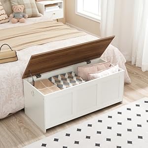 HOOBRO Storage Bench 393 Retro Wooden Storage Chest Wooden Storage Trunk Toy Chest with Lift Top Multifunctional Entryway Organizer for Entryway Living Room White and Walnut WH141CW01