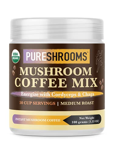 PureShrooms Mushroom Coffee – Chaga, Cordyceps, Garcinia Cambogia, L-Theanine – Appetite Control, Energy Booster (50 Servings, 100g)