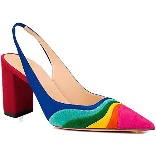 LEHOOR Women Rainbow Slingback Pumps Suede Chunky Block High Heel Dress Shoes Closed Pointed Toe Sandals Elastic Ankle Strap Office Work Shoe Multicolored Patchwork Wedding Party Prom Spring 4-13 M US3