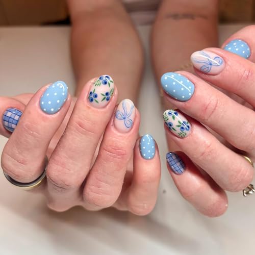 24 Pcs French Tip Press on Nails Short Almond Fake Nails Spring S...