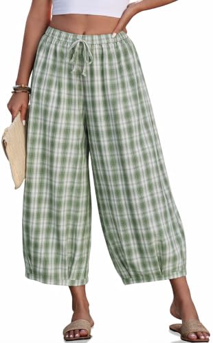 Image of TARSE Women's Plaid Cotton Linen Wide Leg Pants with Pockets