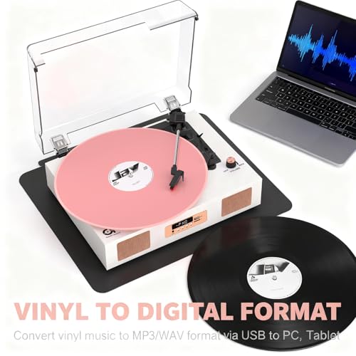 Image of Vinyl Record Player 3-Speeds 3-Sizes Turntable with Built-in Speakers, USB Recording, Bluetooth Playback, RCA Output, AUX Input, Plug & Play, White & Rose Gold Design (Larger Size)