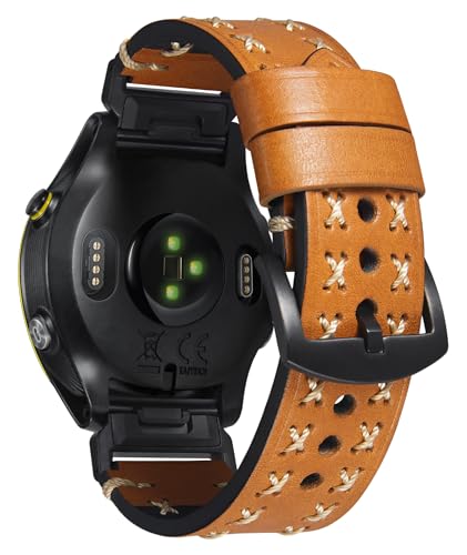 BINLUN Compatible con Garmin Correa de Reloj 22mm/26mm Cuero Auténtico Cuero Crazy Horse Forma de X Route para Fenix/para Forerunner/para Enduro/para Descent(Amarillo,26mm)