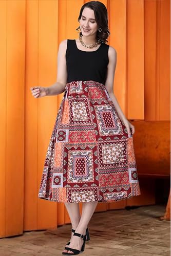Image of POPWINGS Casual Boho Printed and Solid Peplum Dress for Women || Summer Dresses for Women || Sleeveless Women Dresses || Round-Neck Knee-Length Fit and Flare Stylish Dresses for Women