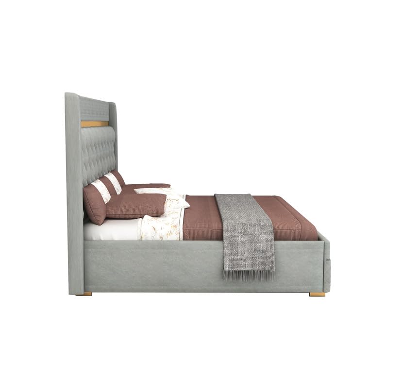 Image of MAMTA DECORATION Solid Wood Queen Size Bed with Hydraulic Box Storage | Premium Velvet Upholstered Tufted Headboard Double Bed | Wooden Cot Bed for Bedroom, Home, Hotel & Guest Room | Grey Finish