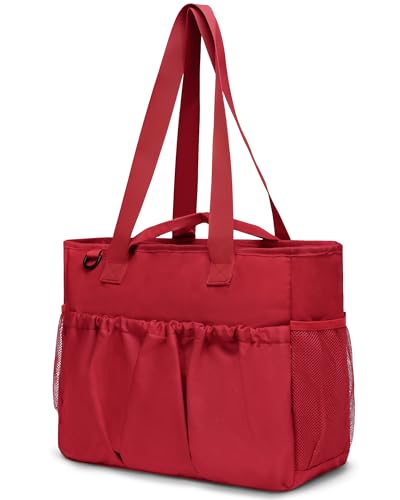 Red XL School Tote Bag for Women with Laptop Compartment, Zipper, Pockets, Water Resistant, Shoulder Strap and Cup Holder