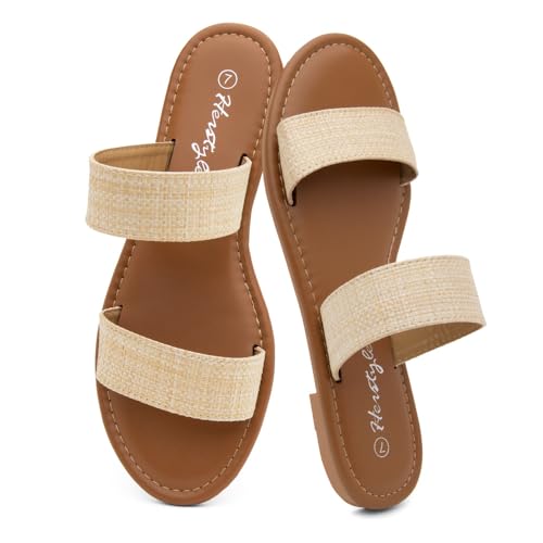 Image of Herstyle Flat Sandals for Women, Double Strap Slide Sandals, Open Toe Slip On, Comfortable Cushioned Footbed Casual Summer Shoes for Daily Wear, Beach, Vacation, Clear Options