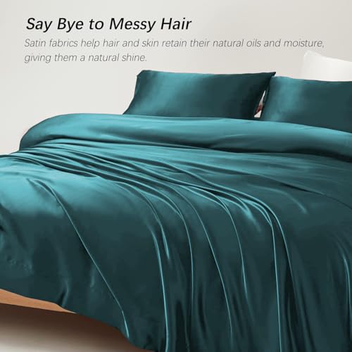 Image of Cloth Fusion Flat Satin Bedsheet Double Size 90x100 inch | Peacock Green, 2 Pillow Covers, 300 TC, Glossy Finish, Smooth on Hair and Skin, Gift for Couples, Wedding & Anniversary