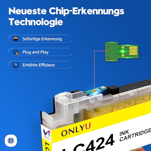 ONLYU LC424 Patronen Kompatibel mit Brother DCP-J1200W Druckerpatronen und Brother LC424 für DCP-J1200WE Drucker (1 Schwarz, 1 Cyan, 1 Magenta, 1 Gelb)