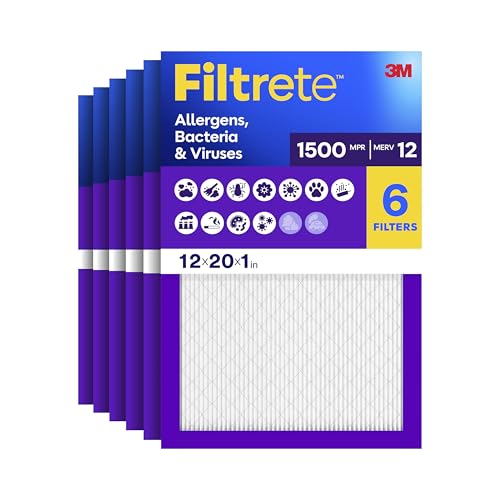 Image of Filtrete 12x20x1 Air Filter, MERV 12, MPR 1500, Allergens, Bacteria & Viruses, 3-Month AC and Furnace Filters, Cleaner Air, Reliable Airflow, 6 HVAC Filters (Actual Size 11.81 x 19.81 x 0.78 in)