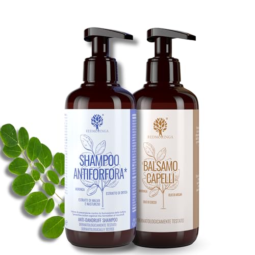 Champú anticaspa de 250 ml + bálsamo regenerador de 200 ml – Tratamiento de la piel con champú contra la dermatitis seborreica – Sin SLS siliconas ni parabenos – con moringa, ortiga, malva y