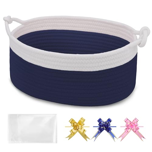 Image of Small Empty Gift Basket with Bag & Ribbons, White & Navy Blue