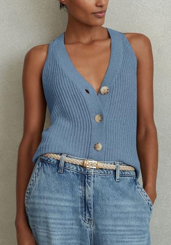 Image of Womens Button-Front Sweater Vest Top V Neck Sleeveless Knit Tank Fitted Halter Raceback Cardigan Vest