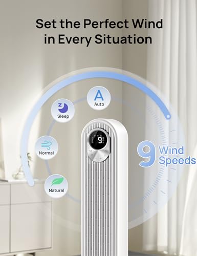 Image of DREO Smart Tower Fan for Bedroom, Floor Standing Bladeless Oscillating Fan with Remote, 9 Speeds, 4 Modes, 12H Timer, for Indoor Bedroom Home Office, WiFi Voice Control