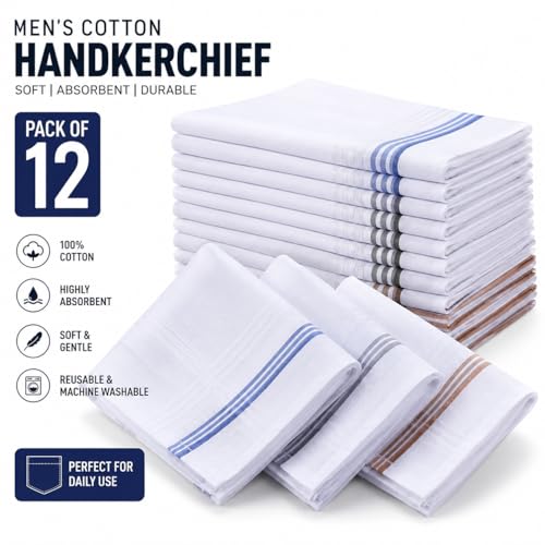 Image of Men's Cotton Handkerchief Pack of 12 | White Soft & Absorbent Hanky Set | Reusable Pocket Square for Daily Use | 100% Organic Cotton