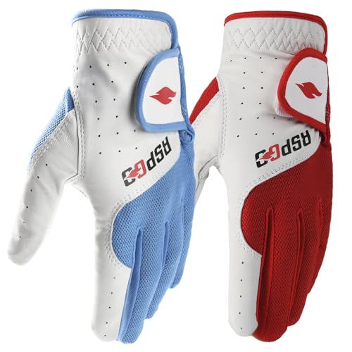 RSPGO Men's and Women's 2 Pack Left - Handed Breathable Golf Gloves Crafted from All - Premium Soft Cabretta Leather for Enhanced Grip and Durability,Blue/Red Medium