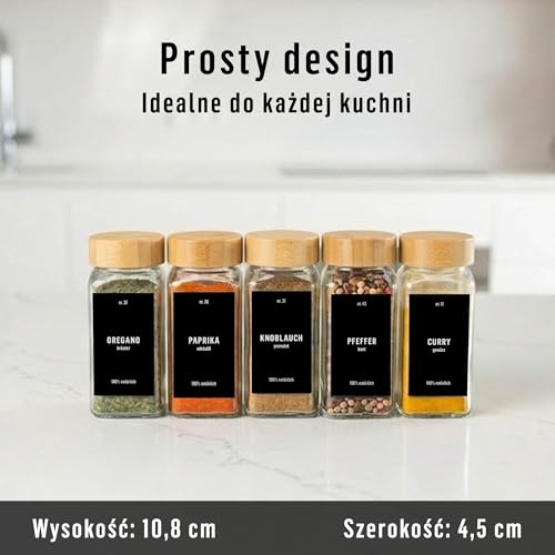 Deco haus® Słoiczki na Przyprawy z Nakrętką - Zestaw 24 sztuk - Różne Nasadki do Wytrząsarek, Lejek, Pędzelek, Etykiety i Kreda - Idealne do Naszych 4 Stojaków na Przyprawy - 120 ml, 10,8 x 4,5 cm
