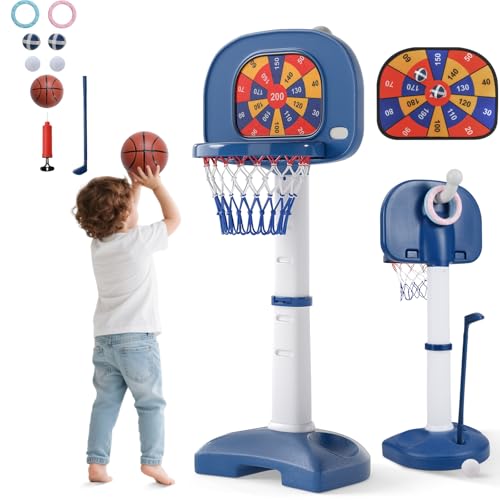 HOMASIS 4 in 1 Kinder Basketballkorb Set, multifunktional Basketballständer mit Ringwurf & Klebeball & Golf, 111-146cm höhenverstellbar Basketballkorb mit Ständer inkl. Bälle & Golfschläger, Blau+Weiß