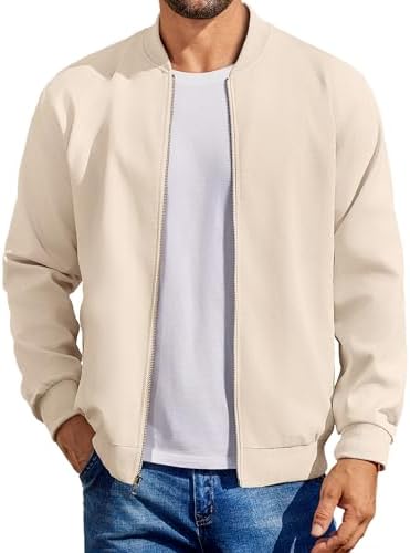 COOFANDY Mens Casual Lightweight Cotton Jacket Fashion Flight Linen Bomber Varisty Jacket With Pockets Beige, X-Large