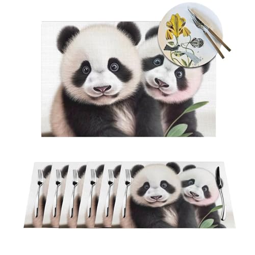 Placemats Set of 6 Pcs Heat Resistant Non-Slip Baby Pandas Place Mats for Dining Table Washable PVC Table Mats Wipeable Kitchen Table Placemat for Outdoor Indoor 12 X 18 Inch