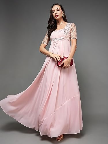 Image of Miss Chase Women's Round Neck Sleeve Embellished Fit Flare Maxi Dress