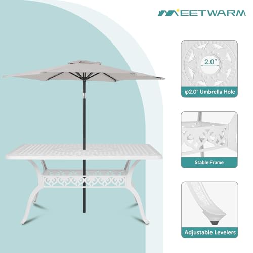 Image of MEETWARM 7-Piece Outdoor Patio Dining Set, All-Weather Cast Aluminum Patio Conversation Set with 2 Swivel Rocker Chairs, 4 Stationary, 1 Rectangular Table, 6 Cushions, 2 inch Umbrella Hole, White
